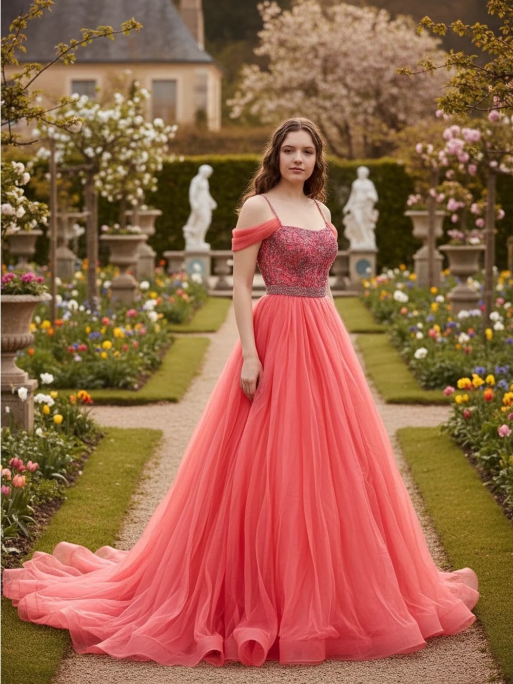 Sherri Hill Watermelon Off-Shoulder Beaded Ball Gown